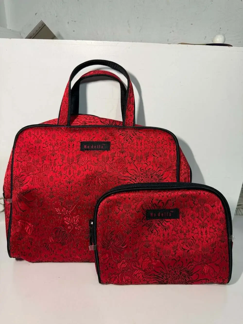 Modella Red Floral Brocade Cosmetic Makeup Bag Set